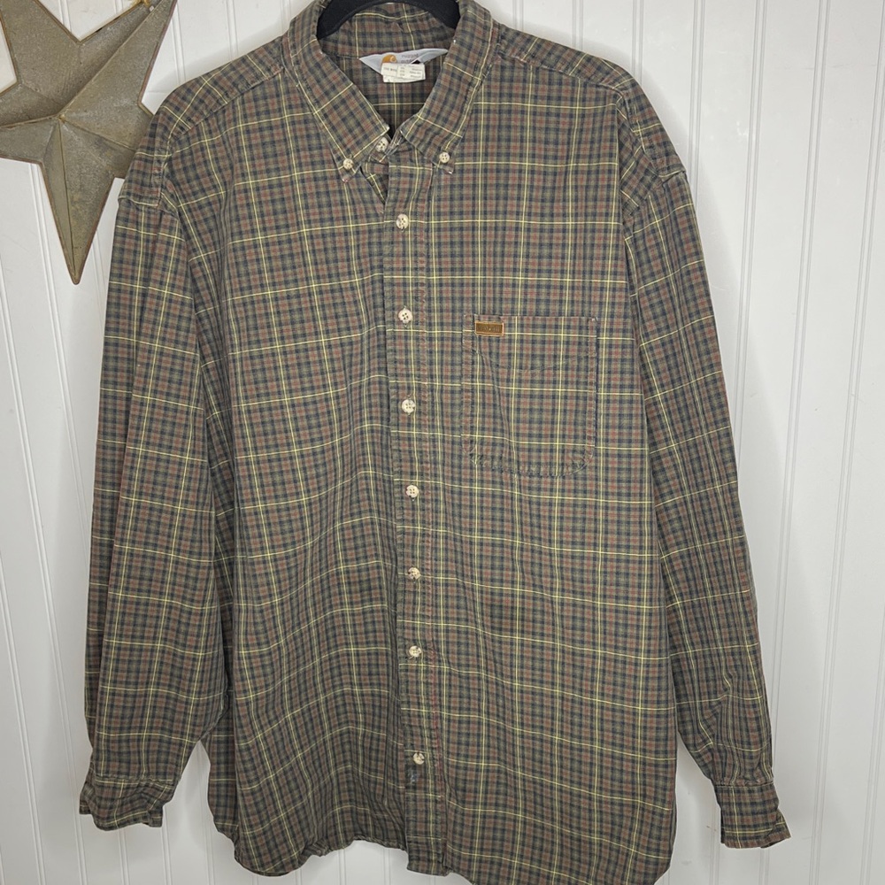 Carhartt Rugged Outdoor Wear Green and Brown Plaid Button-Down Shirt 2XL